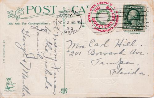 Unlisted 1912 Bay City Civic League TB Christmas Seal tied on