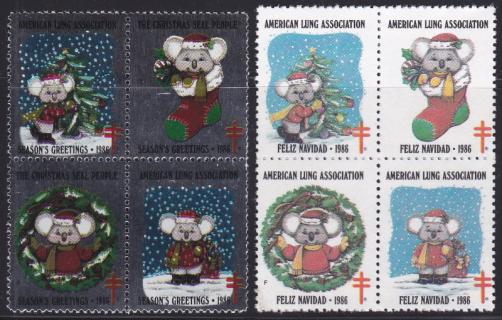 1986 Foil & Spanish Christmas Seals featuring Kristy Koala